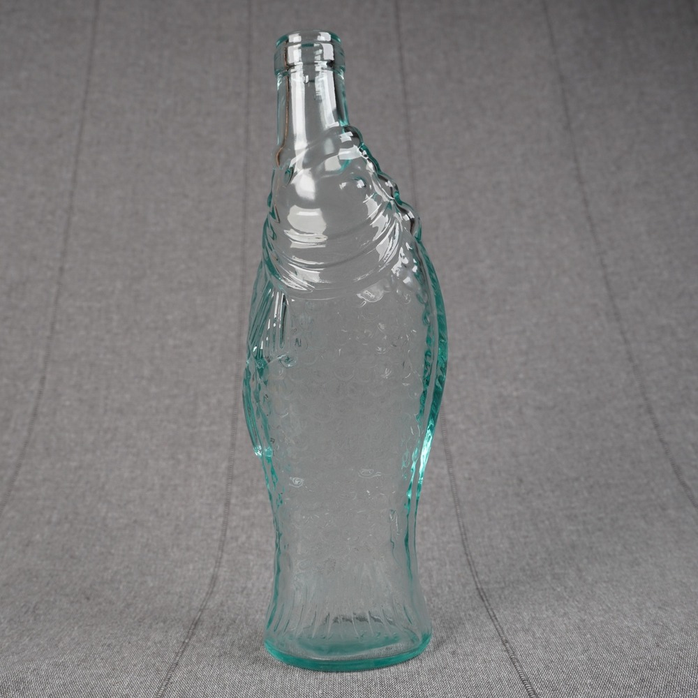 Vintage Aqua Blue Green Glass Fish Bottle Decorative Bud Vase Embossed Scales